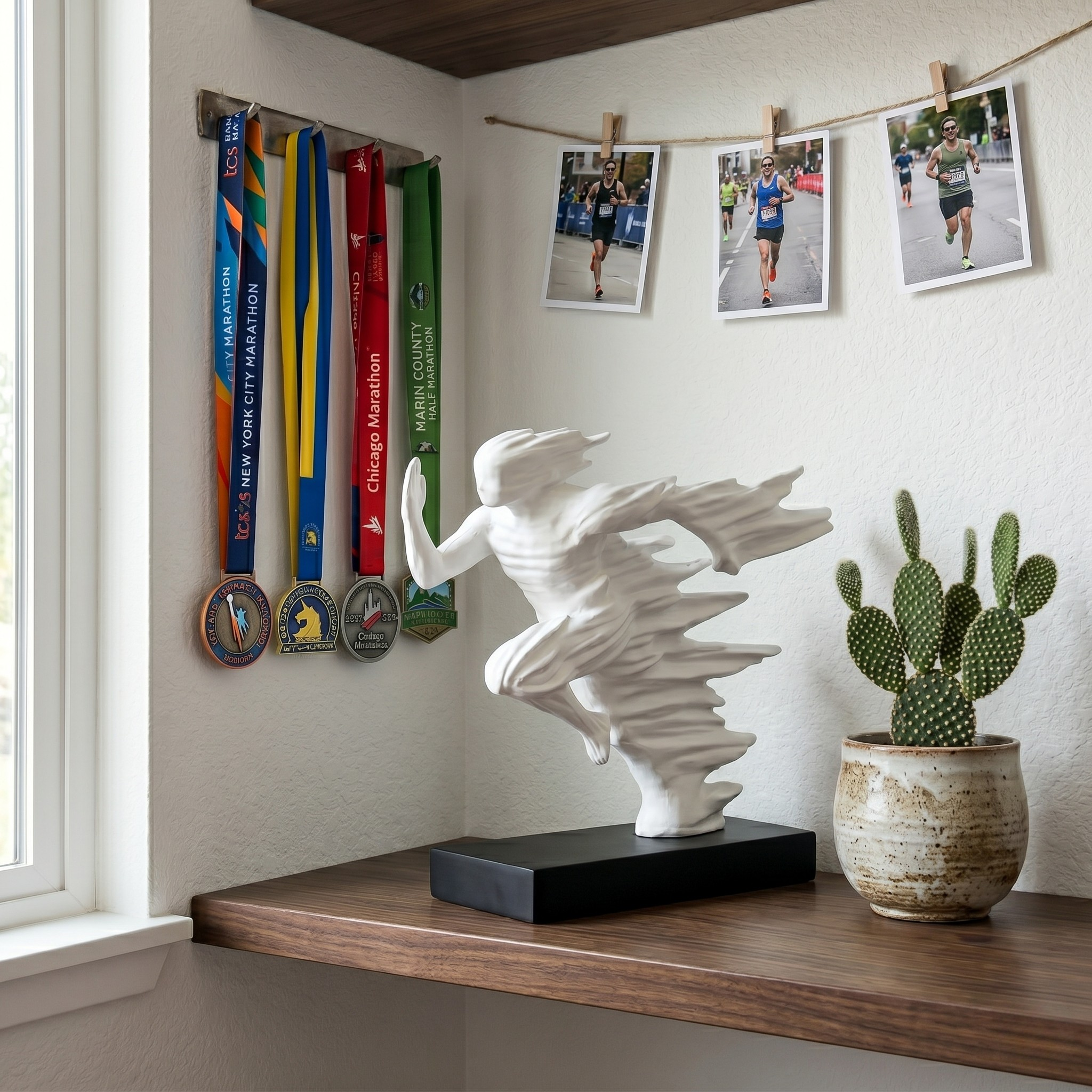 White sculpture of a running person on a wooden shelf with medals and photos in the background.