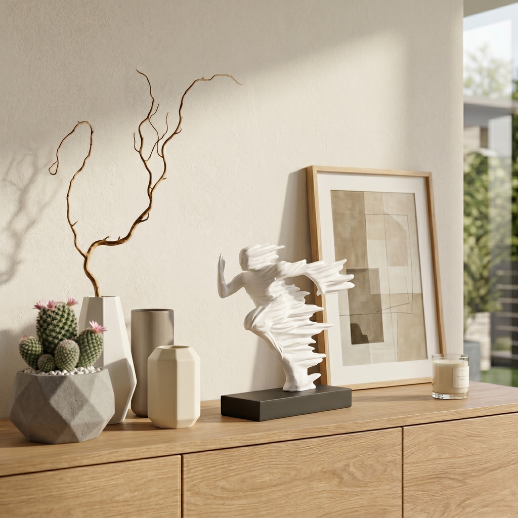 White running silhouette decor on a wooden dining room sideboard next to geometric vases and framed abstract art