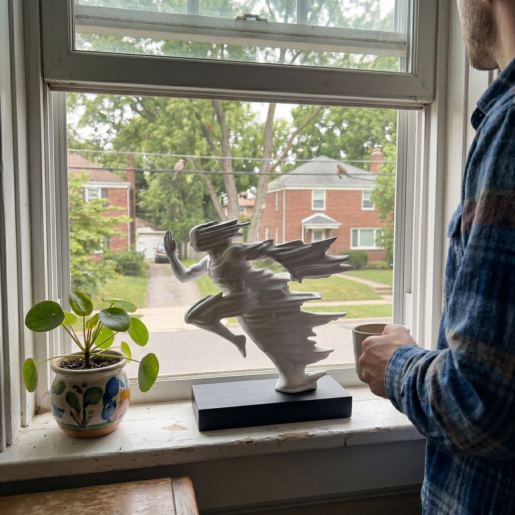 White minimalist running sculpture placed on a wide window sill with natural sunlight and a green garden view