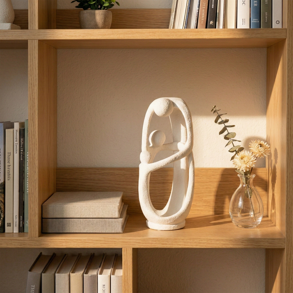 A white abstract Decoava Infinite family sculpture displayed on a sunlit light wood bookshelf, styled next to stacked linen-bound books and a small glass vase with dried flowers.