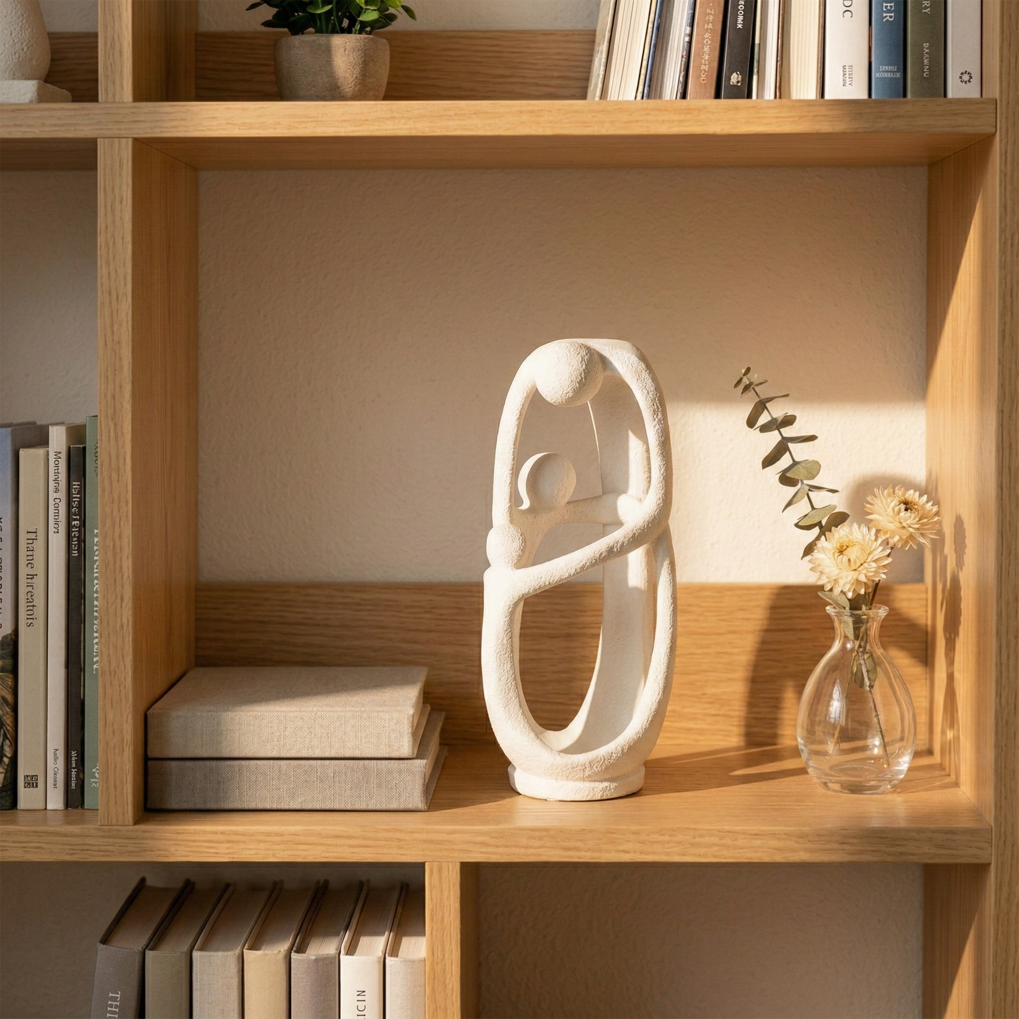 A white abstract Decoava Infinite family sculpture displayed on a sunlit light wood bookshelf, styled next to stacked linen-bound books and a small glass vase with dried flowers.