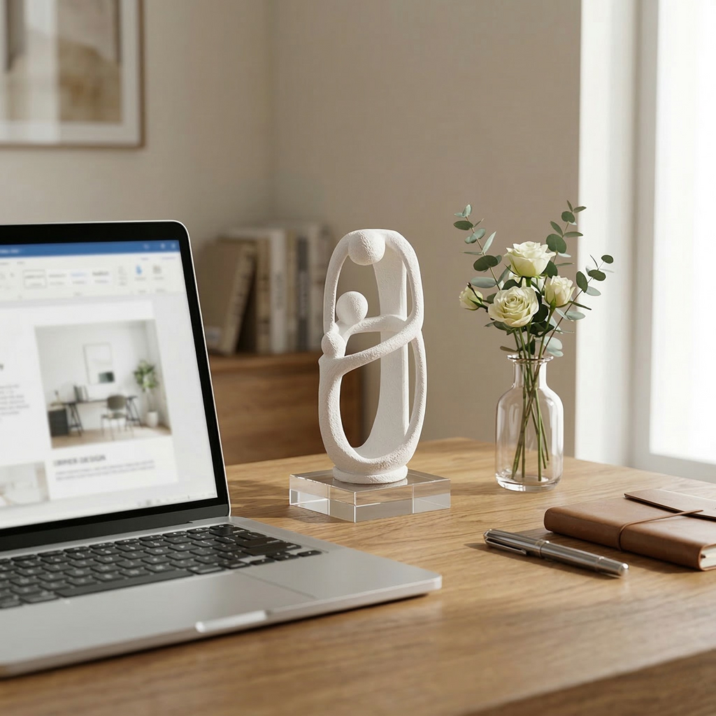 A white abstract Decoava Infinite family sculpture on a clear base, placed on a wooden home office desk next to an open laptop, a glass vase with white roses, and a leather journal in a bright room.