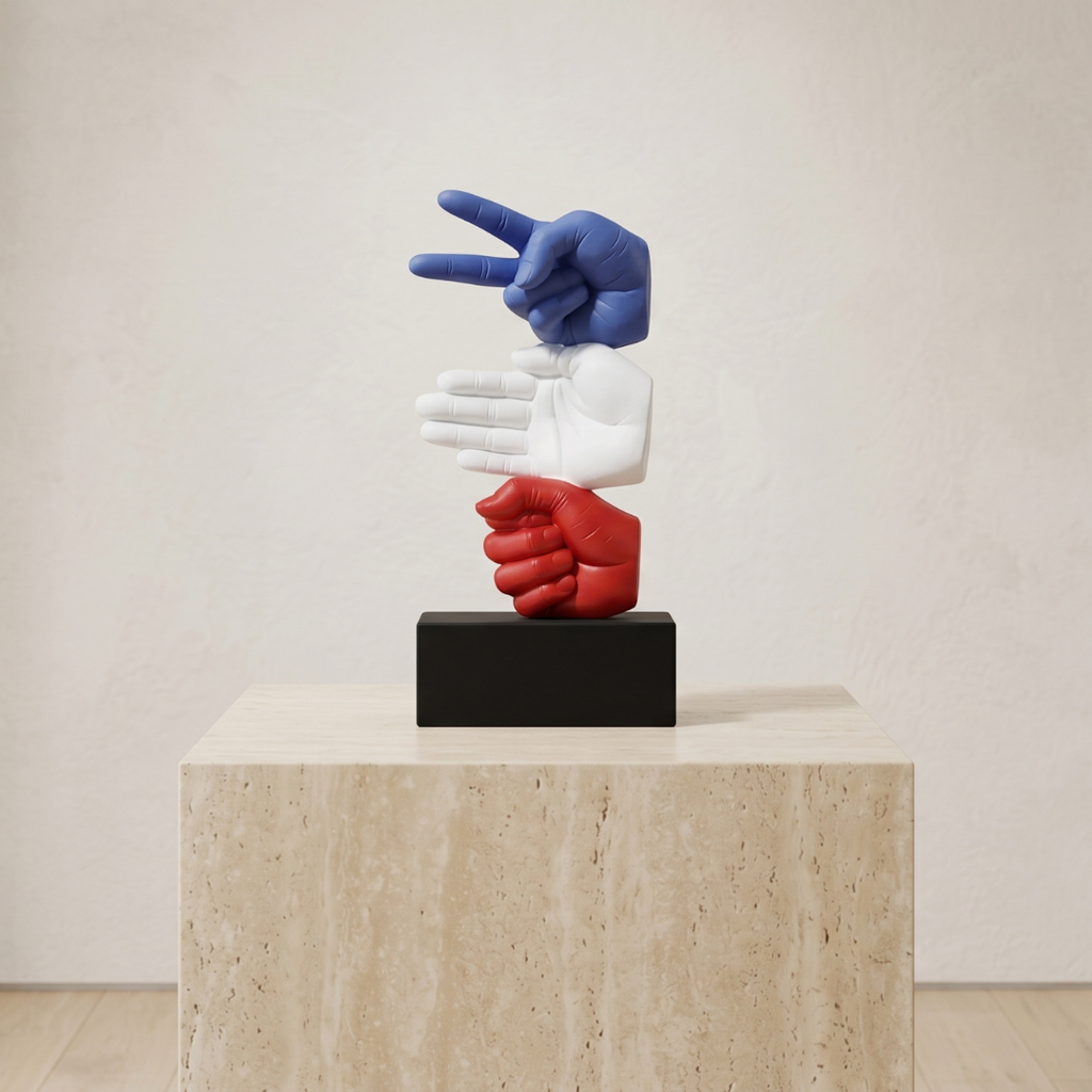 Colorful sculpture of three interlocking hands on a pedestal against a plain background