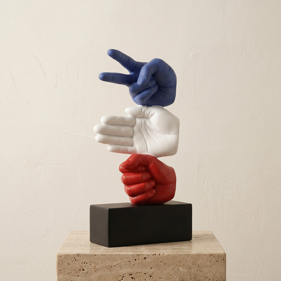 Three-dimensional sculpture of hands in different poses on a beige background