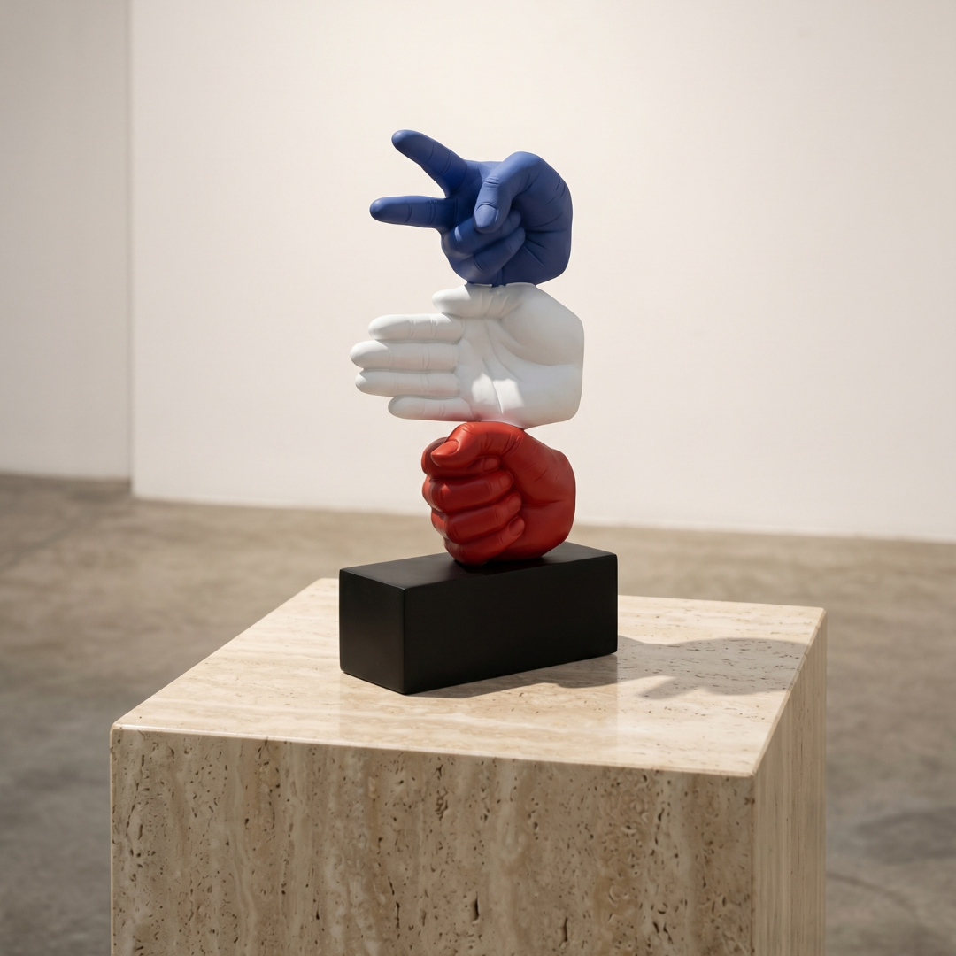Sculpture of three interlocking hands in blue, white, and red on a black block, placed on a wooden pedestal.