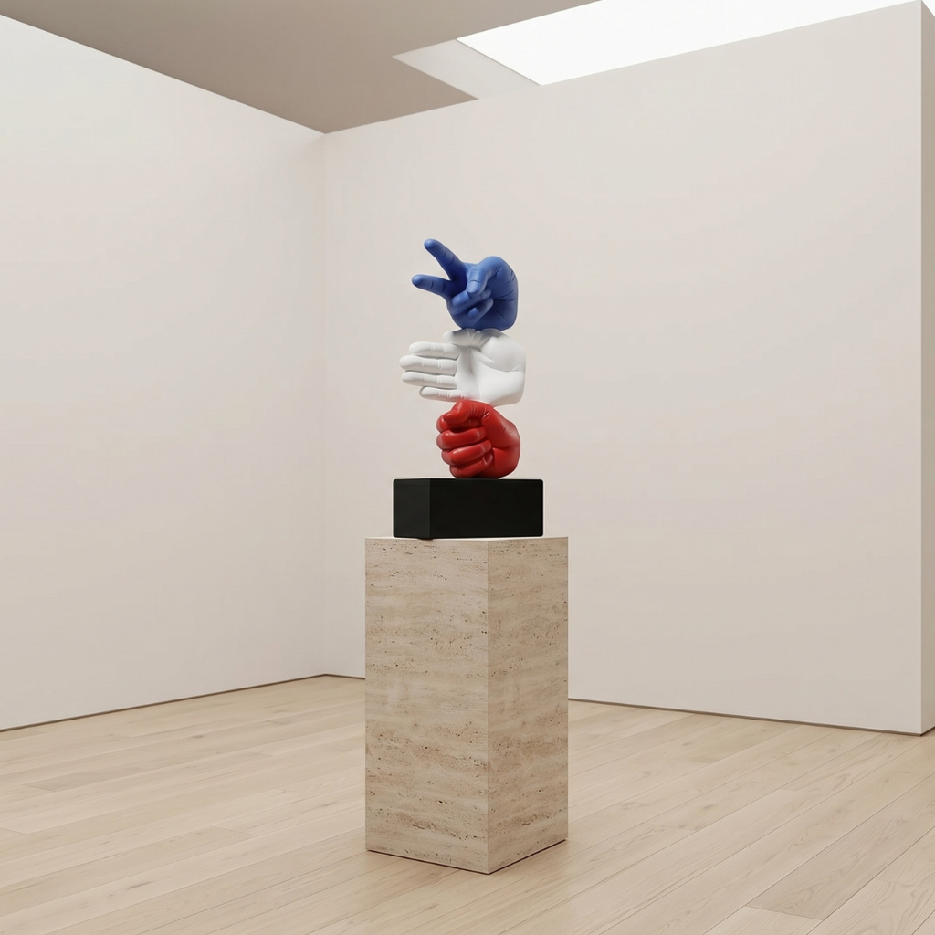 Sculpture of two hands, one blue and one red, on a pedestal in a minimalist gallery setting.