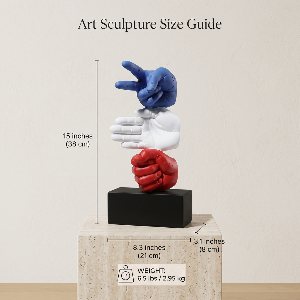 Art sculpture of three hands in different colors on a pedestal with size measurements.