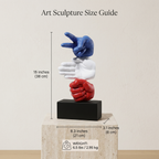Art sculpture of three hands in different colors on a pedestal with size measurements.