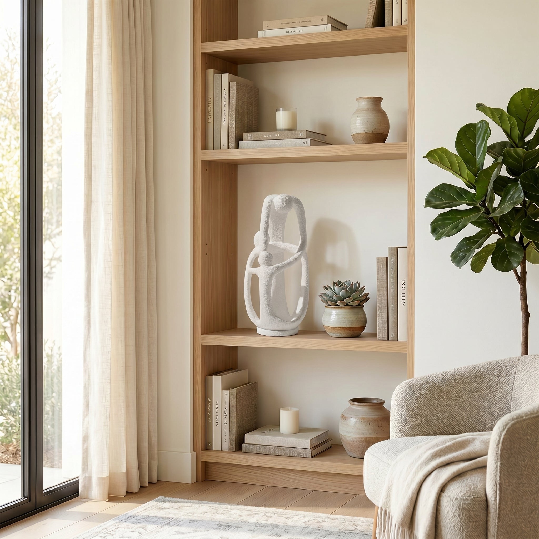 Wooden bookshelf with decorative items in a living room setting