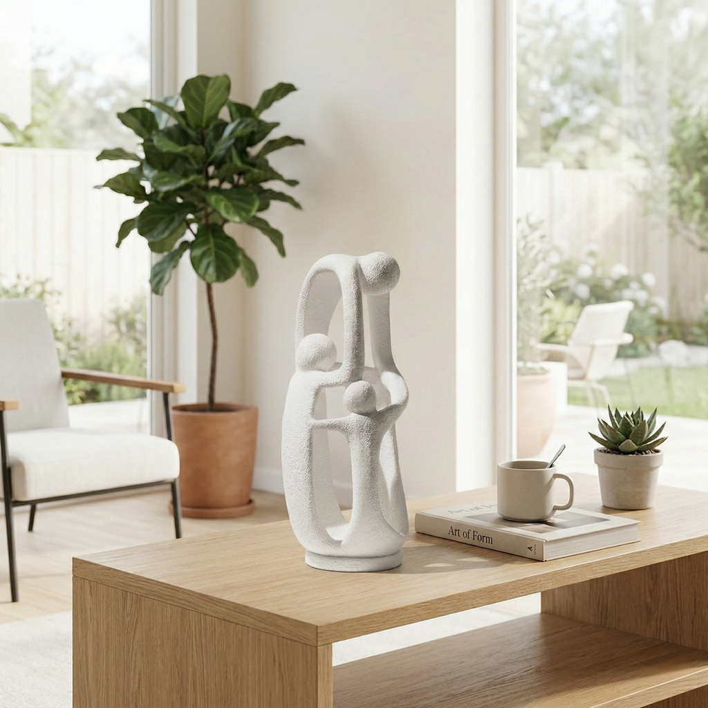 A textured white abstract sculpture of four embracing figures, representing a family, on a wooden coffee table in a sunlit modern living room with a Fiddle Leaf Fig tree.